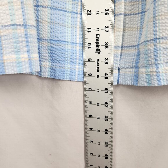 Miss Elaine Seersucker Housecoat Women's M Blue Embroidered Snap Front Pockets - Picture 5 of 8